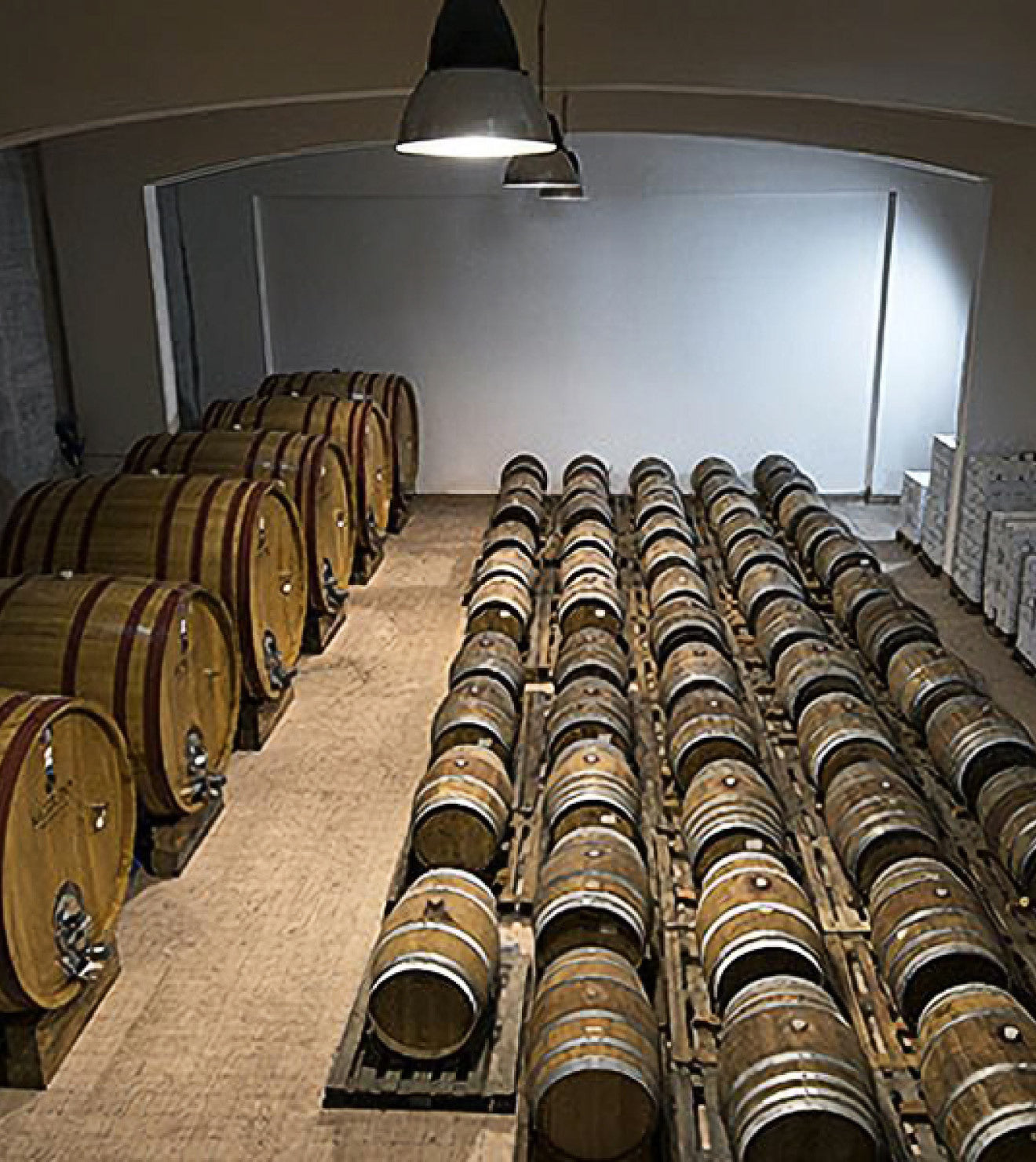 La cantina dall'alto con botti